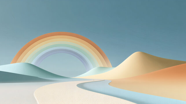 A whimsical illustration showcasing a rainbow above pastel-colored, layered hills and a winding path.
