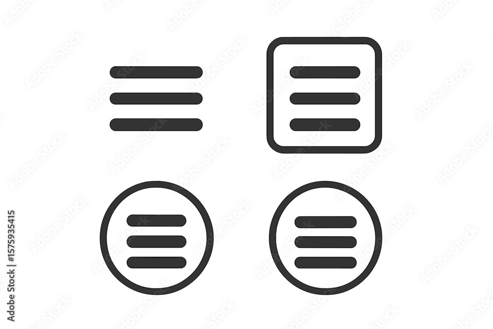 Poster Hamburger Menu Icon Set. Flat UI Navigation Symbols. Minimalist Black Line Menu Buttons. Rounded Square and Circle Outline Variations. Mobile App Web Interface Design. Vector Isolated Illustration