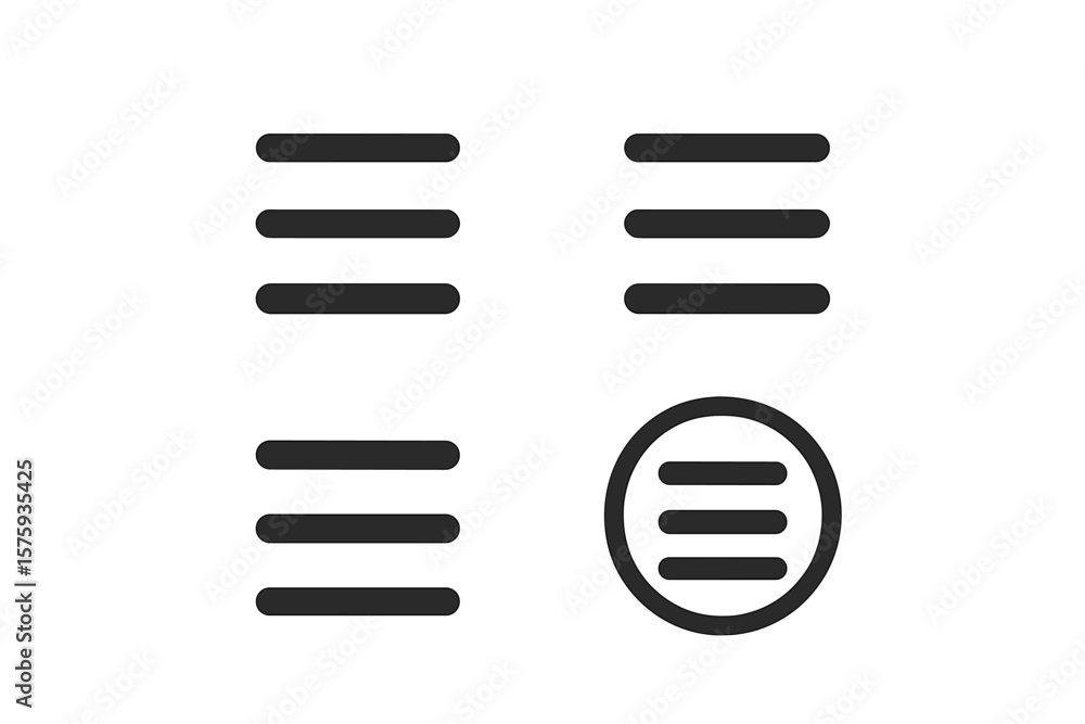 Fototapete Hamburger Menu Icons Set. Flat Minimalist UI Navigation Symbols. Four Black Rounded Line Menu Buttons, Circle Outline Variant. Vector Isolated on White Background. Web App Interface Elements