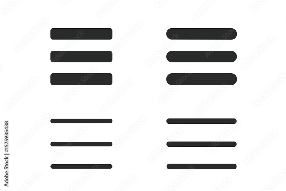 Poster Hamburger Menu Icon Set. Four UI Navigation Symbols. Rounded and Square Button Styles. Minimalist Black Flat Design. Vector Illustration. Transparent Background. Web Mobile App Interface.
