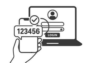 Two factor authentication login vector. Secure password verification, 2FA push code message on phone, user authorization, identity protection, online account security, sign in process