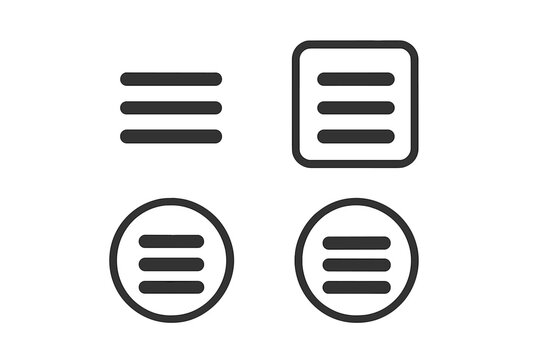 Hamburger Menu Icon Set. Flat UI Navigation Symbols. Minimalist Black Line Menu Buttons. Rounded Square and Circle Outline Variations. Mobile App Web Interface Design. Vector Isolated Illustration