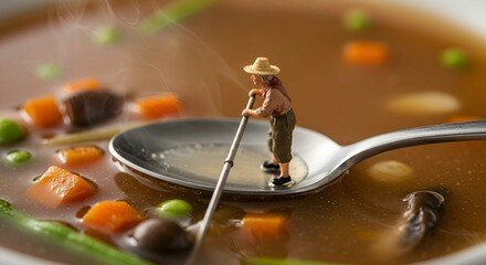A whimsical scene featuring a giant teacup filled with grass, with two miniature women interacting within and beside it, set in a vibrant meadow under a blue sky.