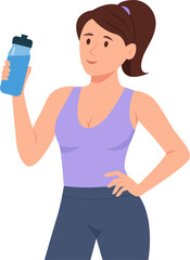 Happy  woman holding bottle of water.Healthy lifestyle.Hydrating after training outdoors.  Athletic person, sport and wellness. Vector Illustration