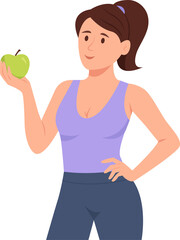 Happy young fitness woman holding green apple.Healthy lifestyle and healthy food concept.Vector Illustration