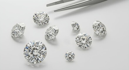 Various size clear diamonds and metal tweezers. Brilliant cut gemstones. Luxury jewelry, gemstone, engagement ring, or precious stone gift idea.