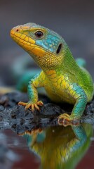 Obraz premium Colorful lizard perched on rocks near water reflecting vibrant patterns in warm light at a tropical habitat