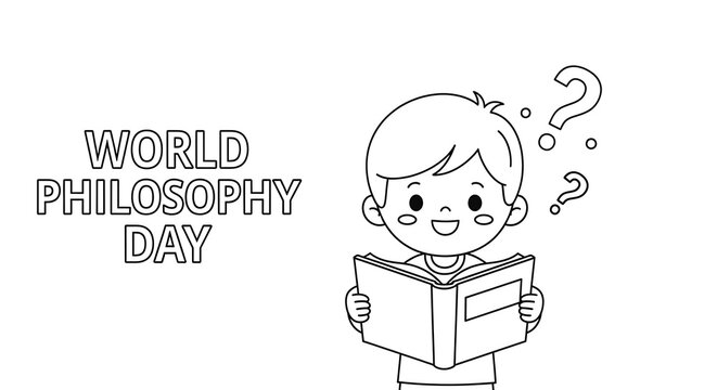 Curious child reading a book with question marks floating around their head celebrating world philosophy day isolated on transparent background - Powered by Adobe