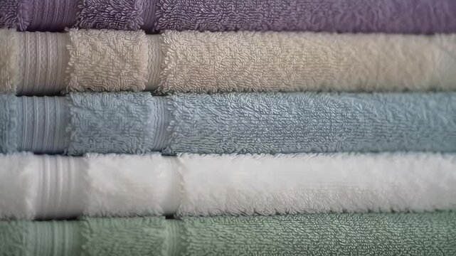 A stack of soft, textured towels in calming, muted colors.