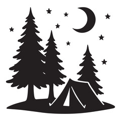 Obraz premium Silhouette of a camping tent under the stars and moon with trees in a black and white illustration