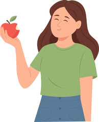 Woman is eating an apple. Diet food,fruit, vitamin, healthy lifestyle, vegetarian food, raw food diet. Flat  vector illustration