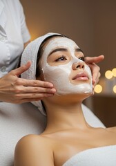 Attractive young adult woman applying facial cream The face of a woman getting a spa treatment