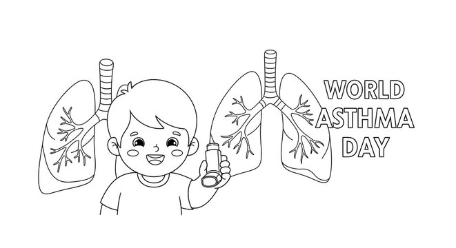 Happy child holding an inhaler with lungs and world asthma day text isolated on transparent background