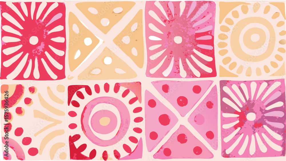 Poster assorted geometric patterns in squares with pinks and yellows creating a quilt like design element