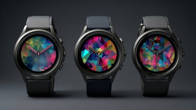 Three sleek smartwatches with black straps display colorful, abstract polygonal designs on their round faces against a dark background. - Powered by Adobe