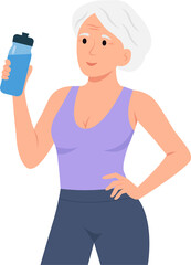 Happy elderly woman holding bottle of water.Healthy lifestyle.Hydrating after training outdoors.  Athletic person, sport and wellness. Vector Illustration