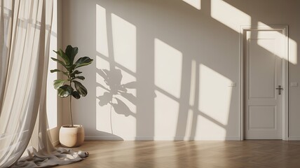 Sunlit room with plant and door curtains light
