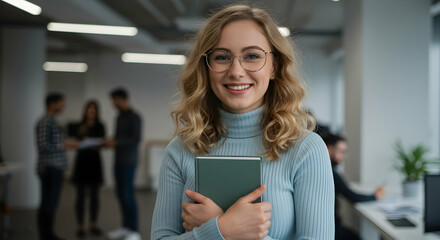 Confident Young Businesswoman Holding Notebook Smiling at Camera Modern Office Teamwork Collaboration Success