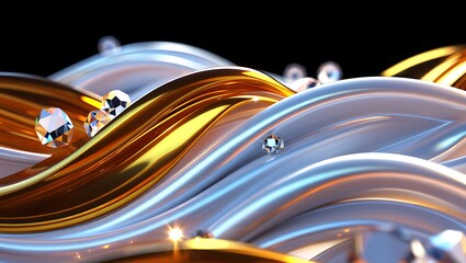 Iridescent Metallic Waves with Sparkling Crystals, Abstract waves of polished metal and refracting diamonds on a dark background