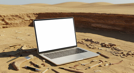 Archaeology Digital Research Laptop Mockup Desert Dig Site Blank Screen