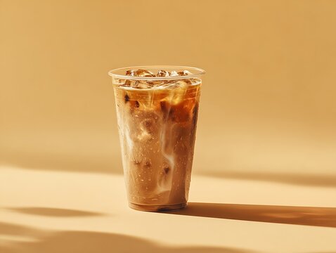Plastic glass cup of cold ice brew black americano coffee beans on a table brown warm background closeup with copy sapce