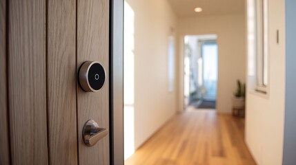 A modern smart door lock installed on a wooden door, with a clean, bright hallway and natural light in the background.