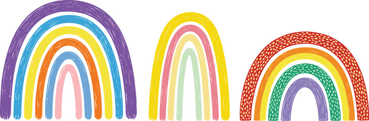 Linocut, lino ink rainbow arch hand printed vector set. Textured grungy scuffed grainy uneven colorful stripes, LGBTQ Gay pride illustration, text background,