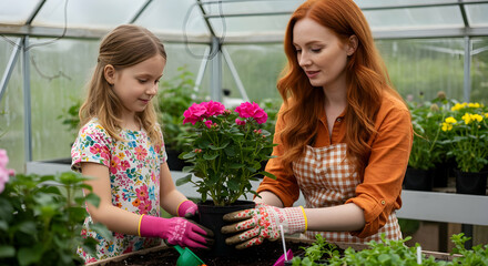 Mother and daughter planting roses together in a greenhouse family gardening hobby spring summer flowers plants nature