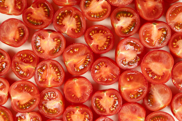 Halved Ripe Cherry Tomatoes Macro Top View. Natural Food Texture.