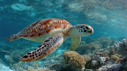 Fototapeta premium A vibrant underwater scene featuring a sea turtle swimming over a colorful coral reef.