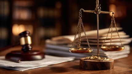 Scales of justice on a desk surrounded by legal documents and a judge gavel