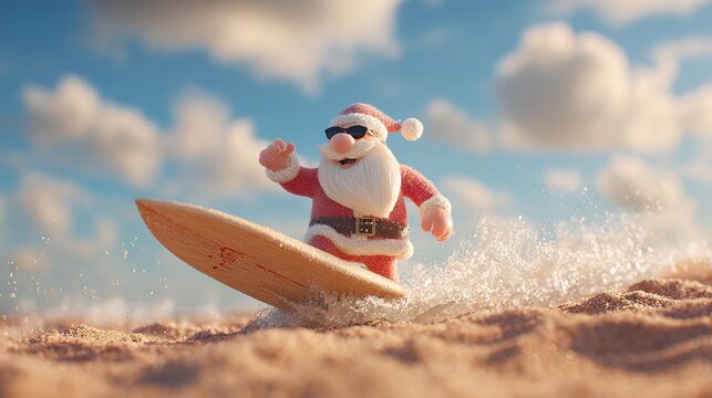 Santa surfing on Australian beach, fun summer vibe