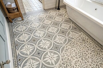 Elegant Grey and White Floral Bathroom Tile Floor with Intricate Design