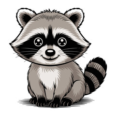 Charming Cartoon Raccoon Character with Expressive Eyes and Striped Tail in a Playful Illustration on a White Background