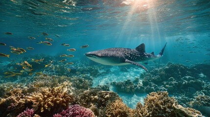 Fototapeta premium A whale shark swims gracefully above a colorful coral reef, surrounded by small fish under clear sunlit ocean waters.