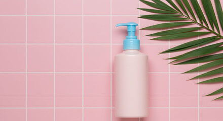 Pink lotion bottle summer skincare tropical leaf background beauty product advertisement
