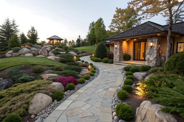 Luxurious Stone House with Beautifully Landscaped Gardens and Winding Pathway at Dusk