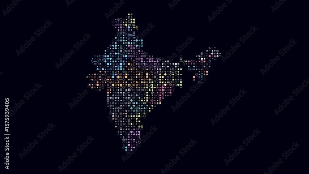 Poster india dotted animation. shape of the country build of pulsating colored dots. small size circle bloc