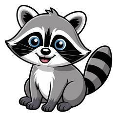 Adorable Cartoon Raccoon with Bright Blue Eyes and Striped Tail Sitting Upright and Smiling Cheerfully in a Playful Style