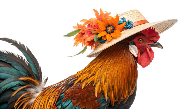 A vibrant rooster, adorned with a floral-decorated straw hat