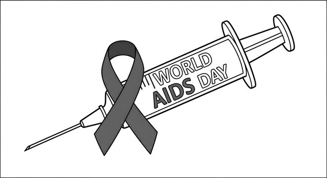Red ribbon symbolizing world aids day placed on a syringe with the words world aids day written on it isolated on transparent background