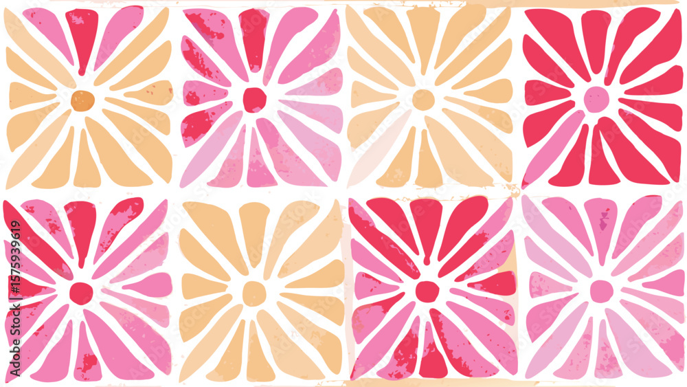 Poster floral pattern with pink and orange petals in square arrangement creating a tile design effect