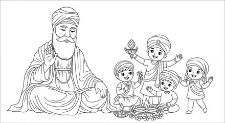 Guru nanak dev ji blessing children with flowers and diyas during a religious celebration isolated on transparent background