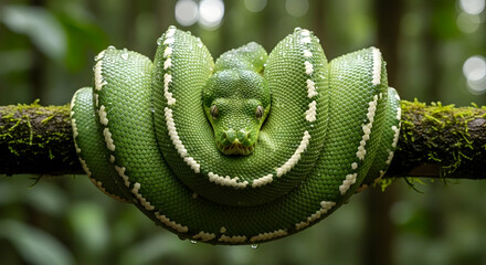 Emerald Tree Boa coiled on mossy branch rainforest wildlife reptile exotic amazon nature green snake jungle exotic animal