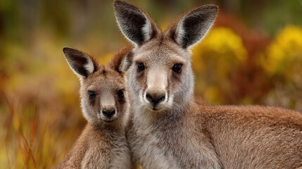 Fototapeta premium Mother kangaroo with joey in pouch, Australian bush backdrop