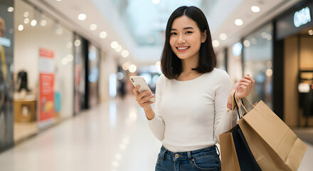 Smiling woman shopping at modern mall using smartphone happy customer retail experience
