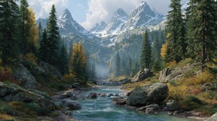 Obraz premium A breathtaking landscape features snow-capped mountains with a river running through it