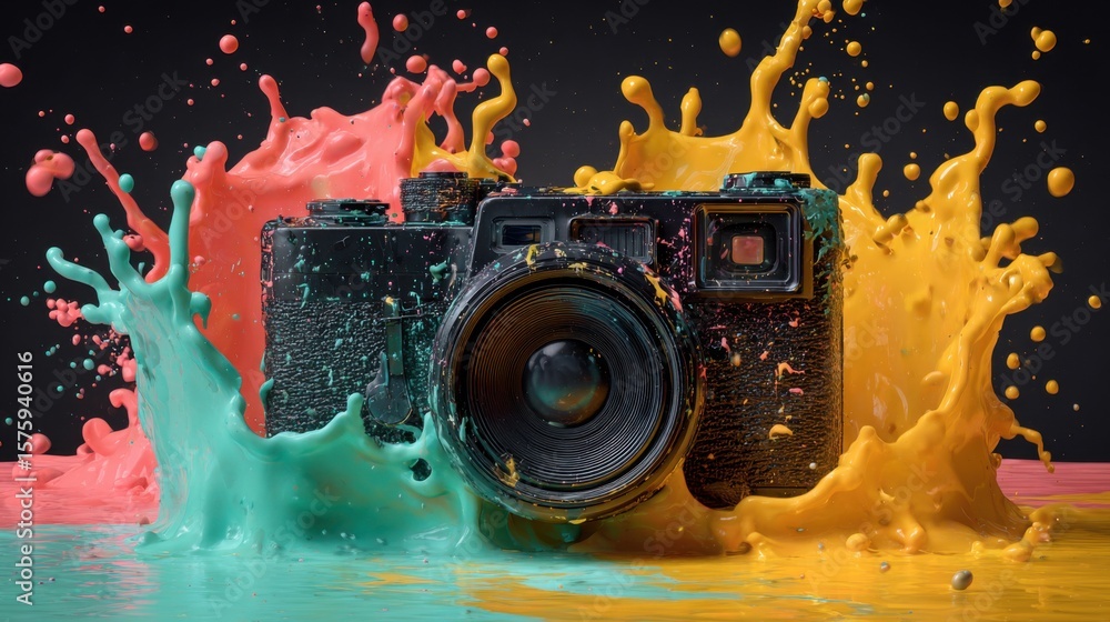 Poster an artistic depiction of a camera surrounded by colorful paint splashes, showing creativity and desi