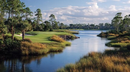 A serene golf course beside a calm waterway, surrounded by trees and grasses under a partly cloudy sky.