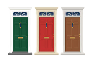 Three traditional front doors in green red and brown featuring classic design elements and transom windows